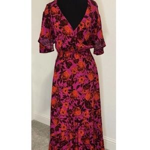 Abel the Label by Anthropologie Floral V-Neck Shift Dress - Pink and Red XS